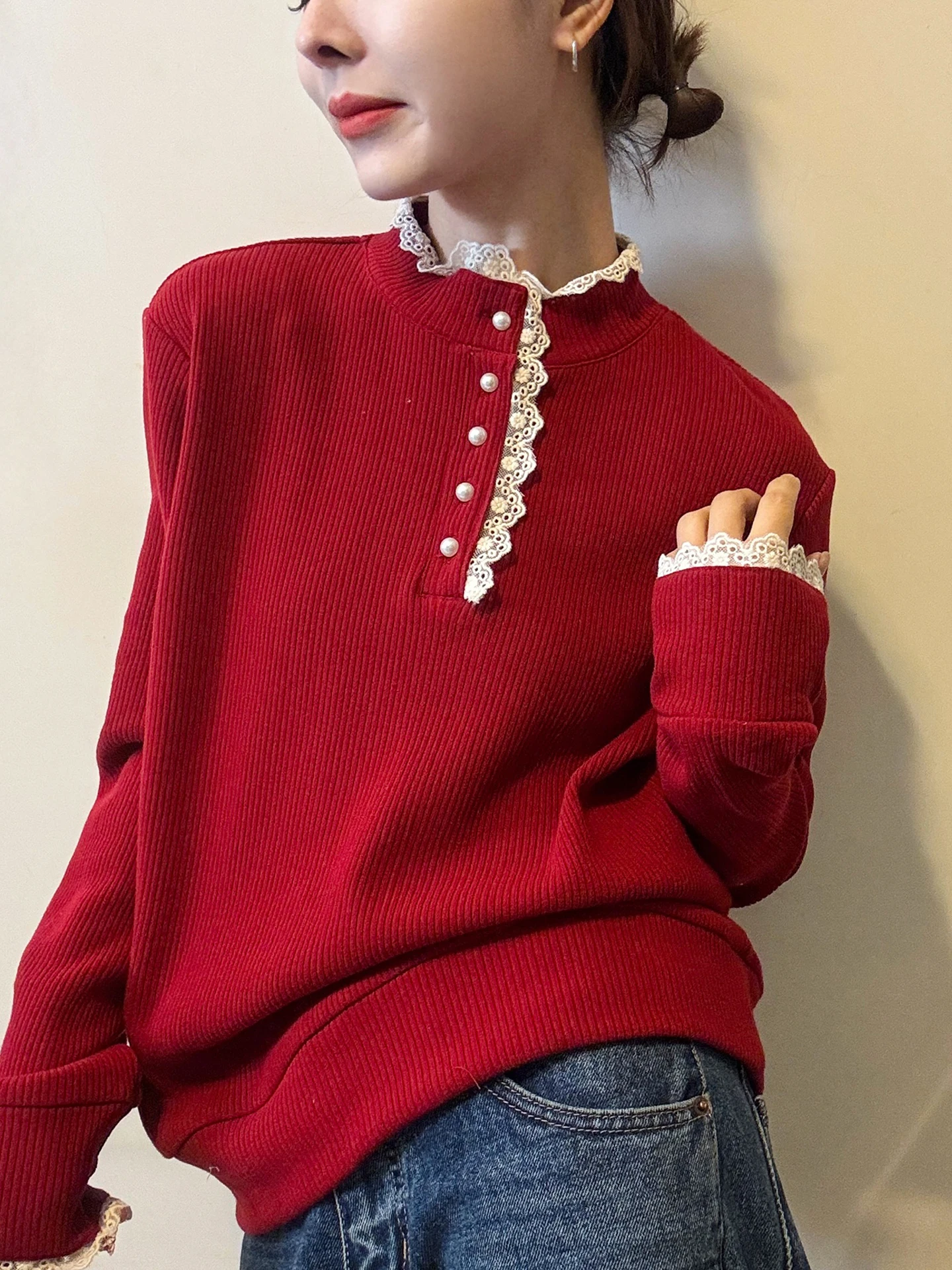 سترة محبوكة أنيقة غير رسمية صديقة للبشرة طويلة Sve كشكش Cisas سترة حمراء شتوية أنيقة فضفاضة تناسب الكورية Sle #5