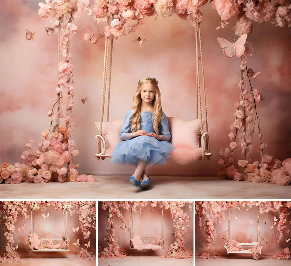 Mehofond 사진 배경 핑크 꽃 나비 공주, 신생아 생일 파티, 그런지 벽 예술 질감 배경 소품