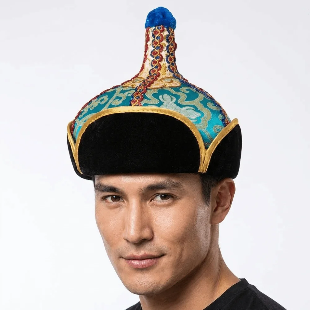 Golden and Blue Pointed Dance Hat Comfortable Wearing Lightweight Texture Ethnic Costume Headwear Stable Pointed Shape