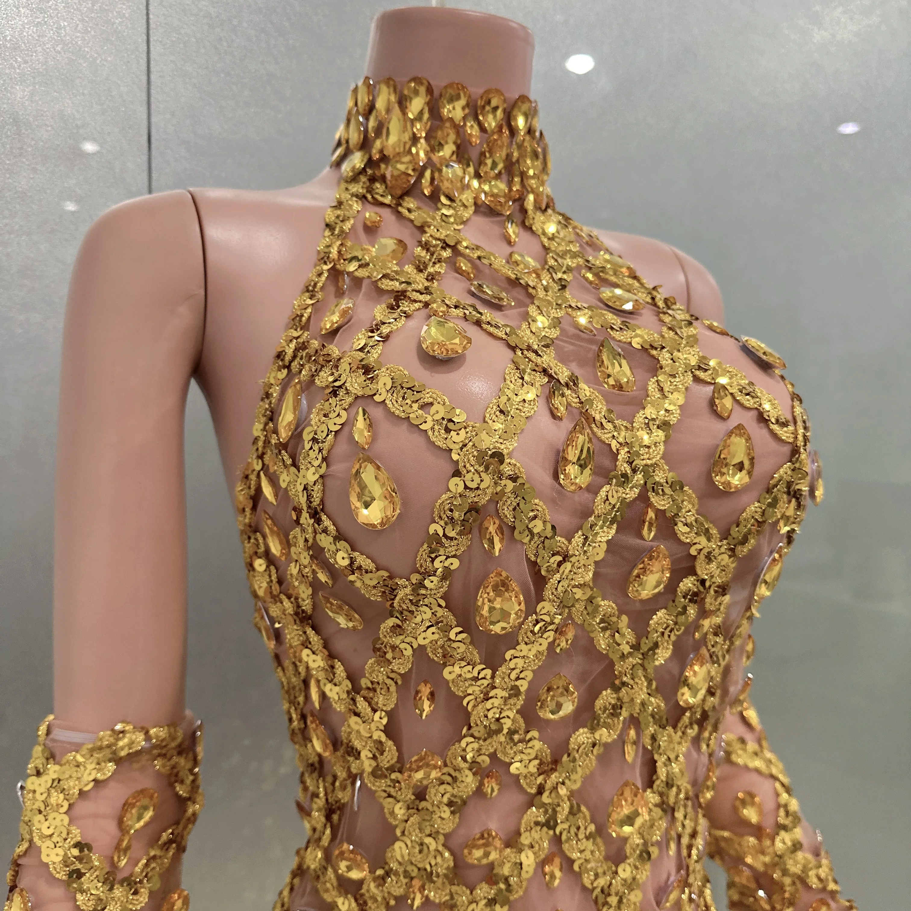 Sexy See-Through Backless Gold Rhinestones Gloves Sheath Dress Evening Party Performance Costume Bar Nightclub Singer Stage Wear