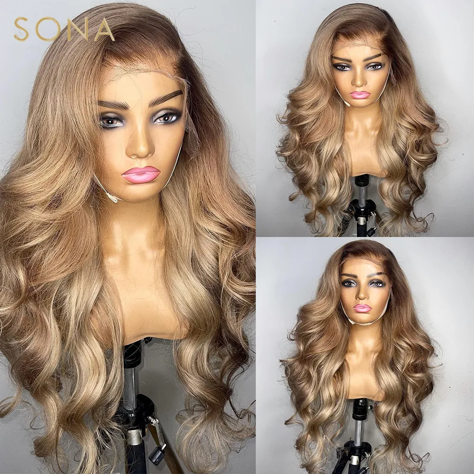 13x6 HD Transparent Lace Frontal Wig Pre Plucked Ombre Honey Blonde Lace Front Wigs Colored Human Hair Wigs with Brown Root