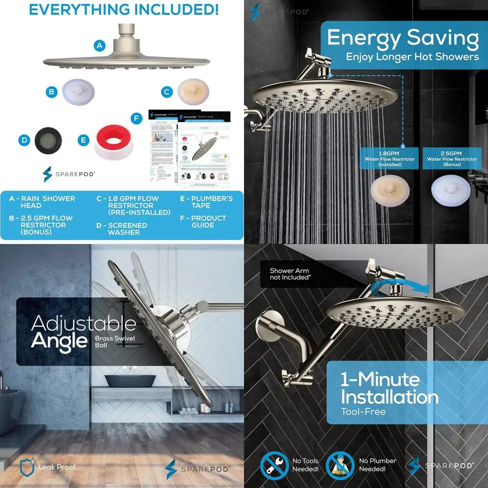 

Luxury 9.5 Rain Shower Head - High Pressure, Full Body Coverage, Anti-Clog Silicone Nozzles, Easy Install, 1/2 NPT, Brushed Nick