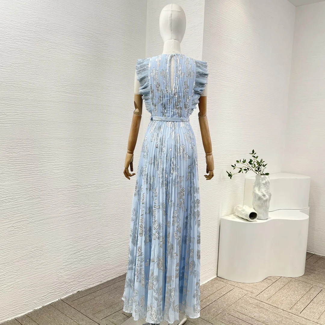 Blue Flouncing Ruffle sleeveless Ruched Women Maxi Dress for Birthday Evening Party 2024 New High Quality Lady Clothing