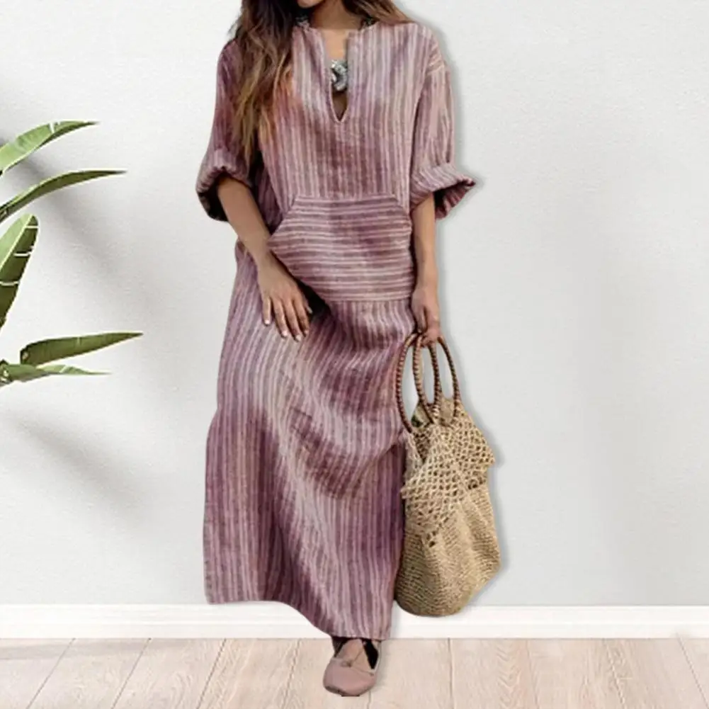 

Женское платье в полоску, легкое платье-макси в полоску с принтом и V-образным вырезом, стильная удобная универсальная летняя женская одежда