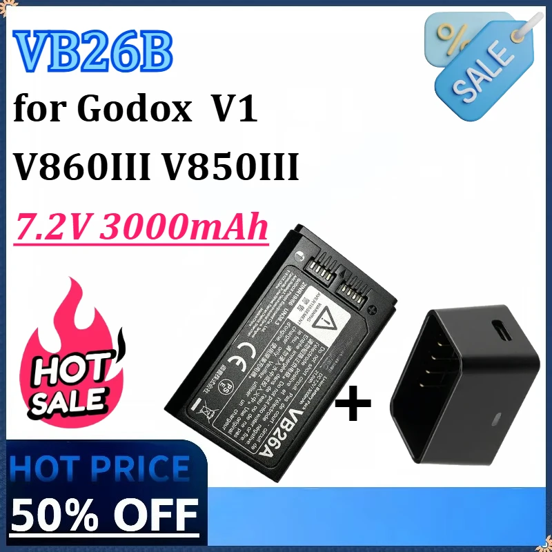 

New VB26B 7.2V 3000mAh 21.6Wh Replacement Flash Battery for Godox V1 V860III V850III High Qualty Battery with Charger Dedicated