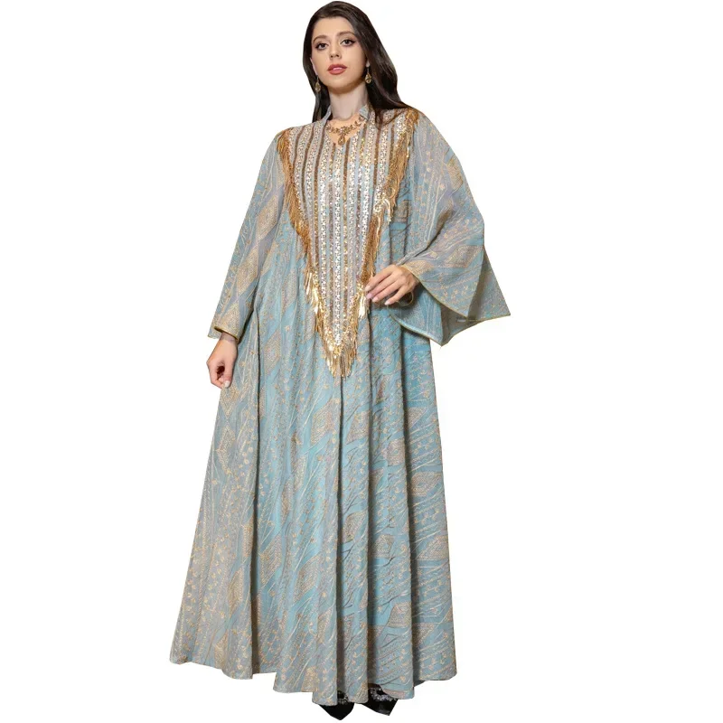 2024 Sequin Clothes for Muslim Women Summer Fashion Muslim Long Sleeve V-neck Party Evening Long Maxi Dress Abaya Dubai Gowns