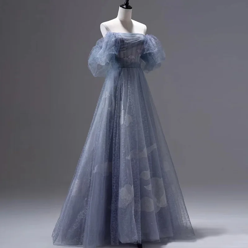 Abito da sera elegante blu, cinturino nuovo stile da donna, abito da sposa di lusso francese per adulti di compleanno di fascia alta di nicchia, toast