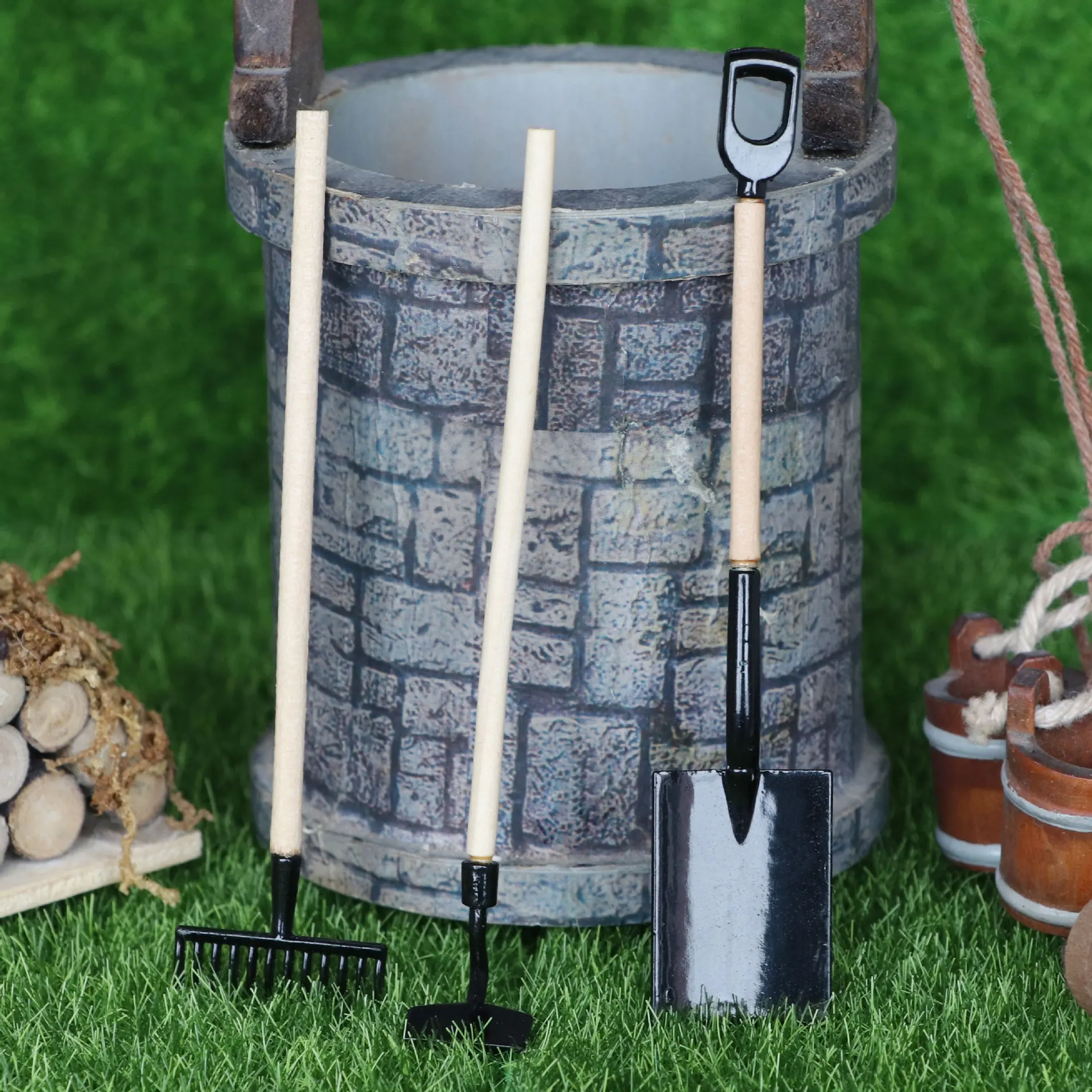 5 Stück Puppenhaus-Miniatur-Gartengeräte im Maßstab 1:12, 3-teiliges Set – Schaufel, Hacke und Rechen, Feengarten-Mikroszenen-Dekorationszubehör