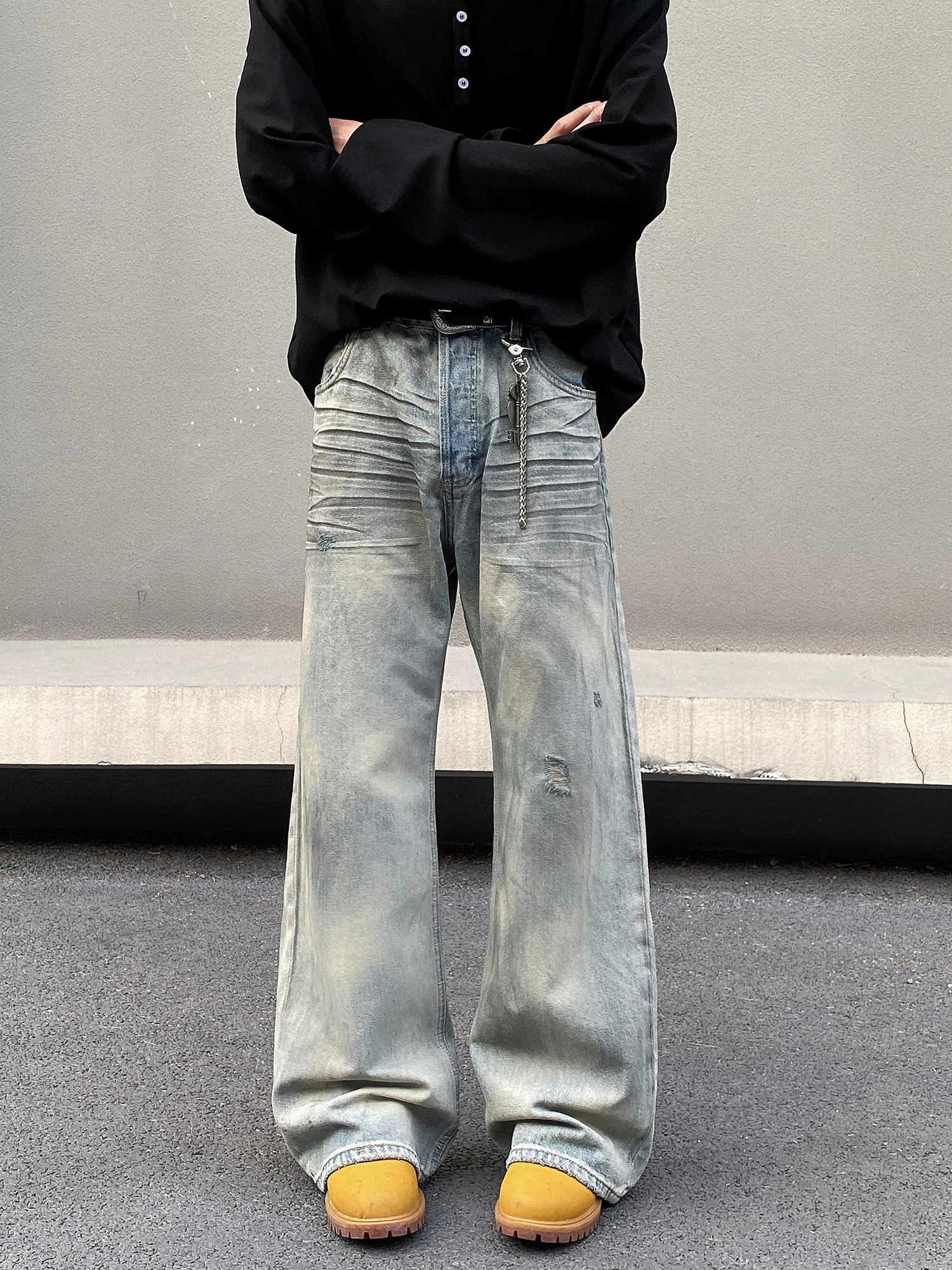 

American Sle Vintage Cleanfit Men's Jeans Loose Straight Leg Micro Flared Pants with Hole Waed out Dyeing Casual Jeans