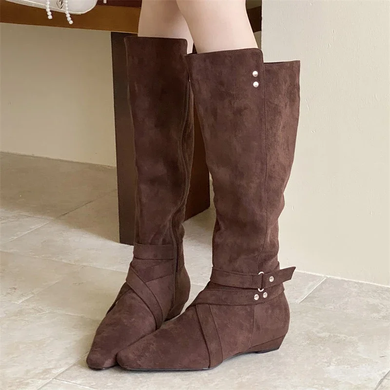 

Aneikeh, удобные дизайнерские длинные ботильоны на низком каблуке, женские сапоги до колена с узкими ремешками и заклепками, женская обувь на молнии в стиле панк