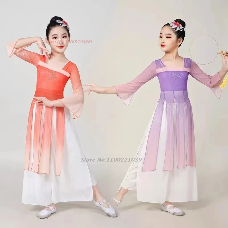 

2026 детский винтажный танцевальный костюм, традиционный сетчатый комплект ханьфу, топы + брюки, платье феи для девочек, тренировочное платье для выступлений на сцене