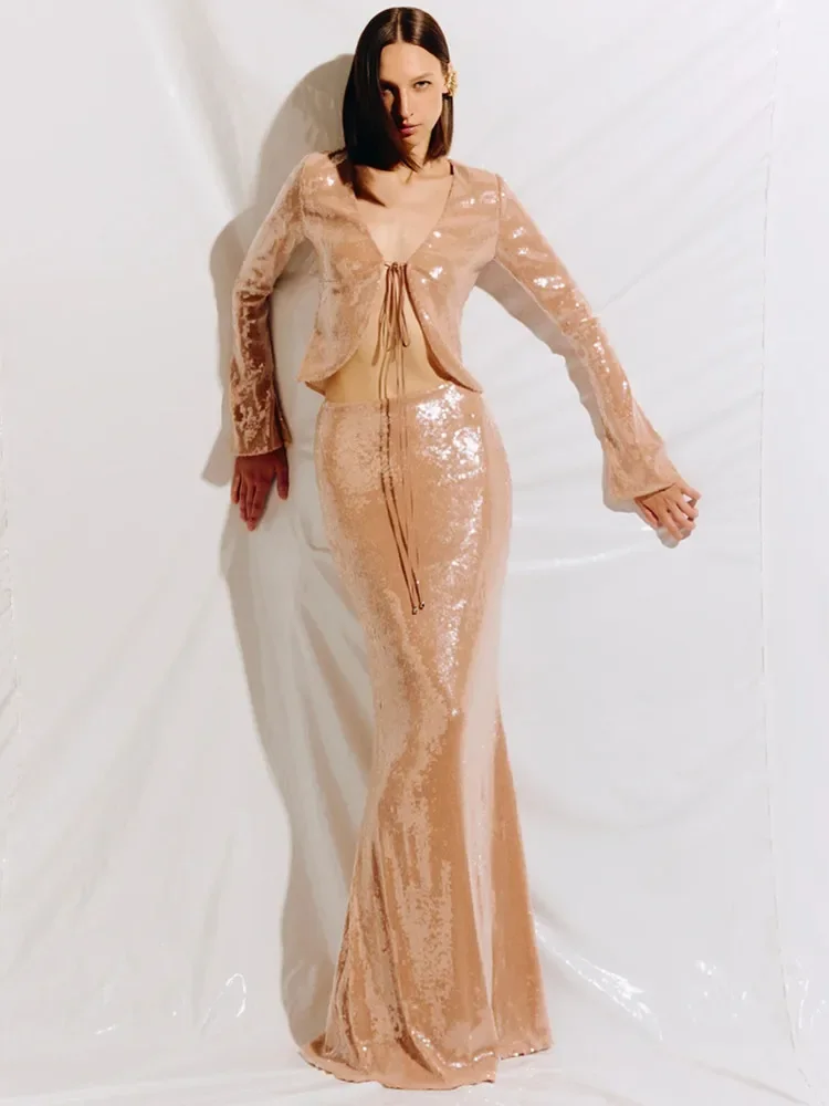 

2025 Women Sexy Long Sleeve Mesh Sequins Brown Beige Two Pieces Skirt Bandage Set Celebrity Designer Fashion Women's Set