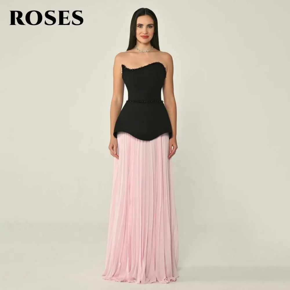

ROSES Black Beach Prom Dress Satin Strapless Celebrity Dress Pleats Women's Evening Dress with Scarf Formal Gowns Customized
