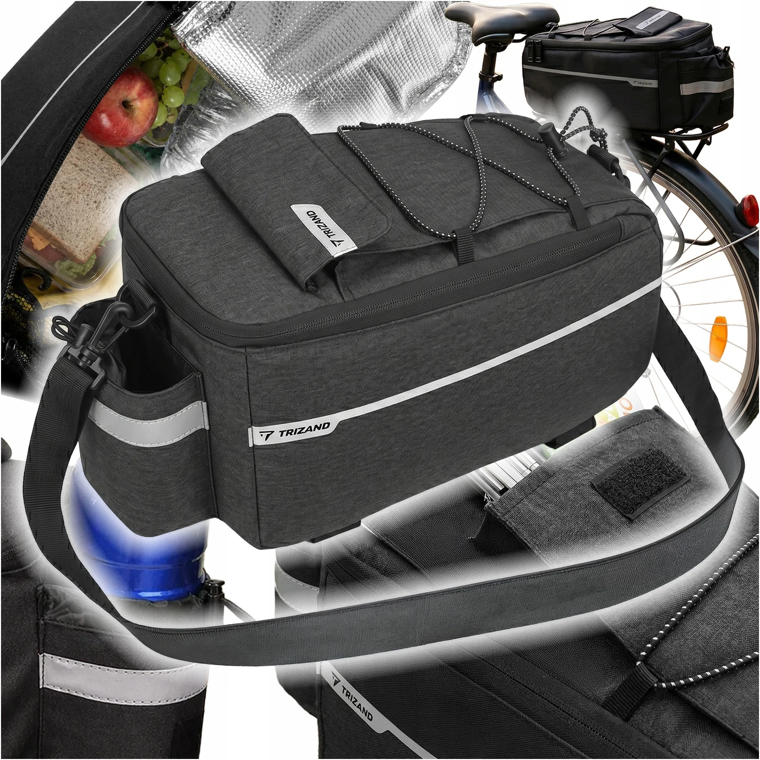 Sac de porte-bagages arrière pour vélo, sacoche isotherme 9L, sac de coffre de vélo en polyester imperméable noir avec bandes réfléchissantes, bandoulière pour le tourisme, les trajets quotidiens, les pique-niques, le VTT, la randonnée en ville, ajustement universel, durable, léger, accessoire de sport pour le cyclisme