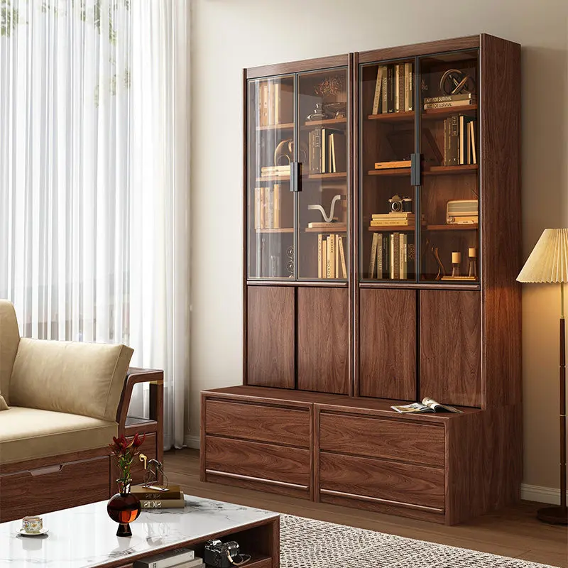 Solid wood bookcase full wall with glass combined display cabinet integrated cabinet whole wall card seat bookcase living room f