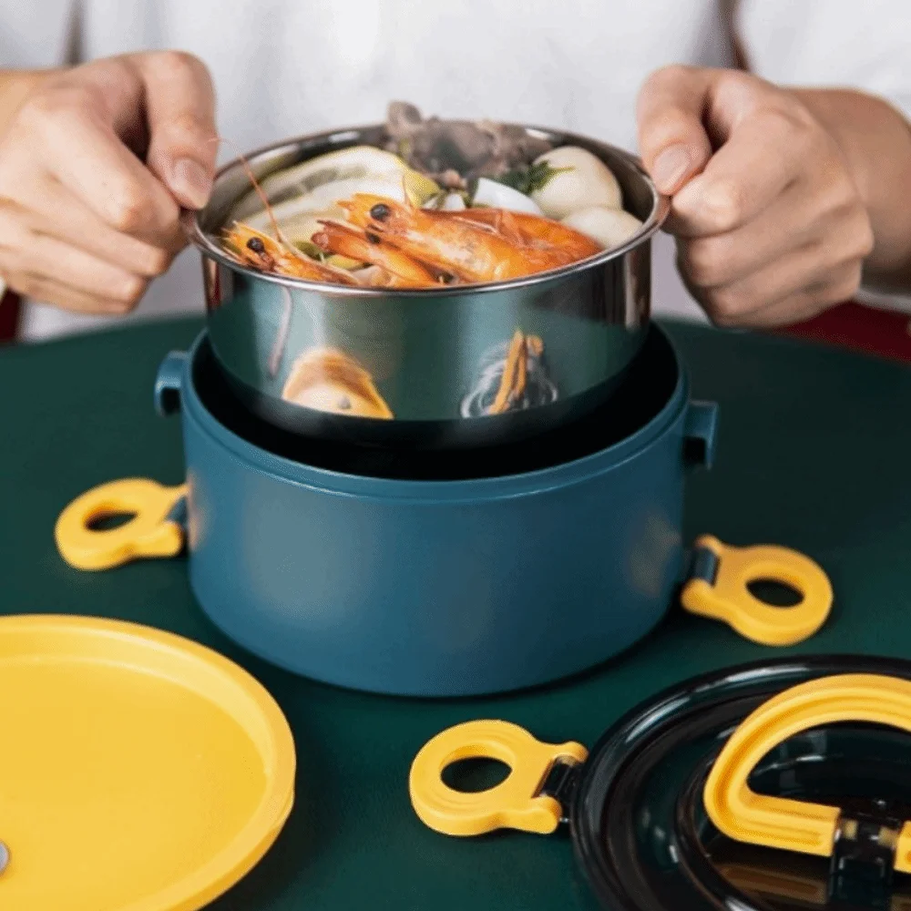 304 Stainless Steel Thermal Lunch Box Double Layered 1000/1600ml Insulated Circular Lunch Box Drop-proof Detachable