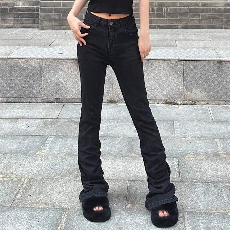 

PBAP Trendy Stacked Women Flare Jeans Lounge Black Solid High Waist Pockets Slim Fit Bootcut Pants Korean Vintage Streetwear