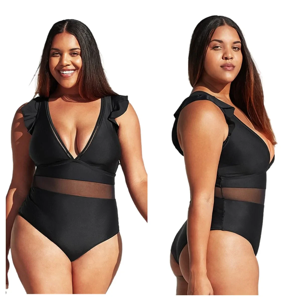 Plus Size Black Mesh V-Neck One Piece Swimsuit Women Large Size Sexy  Bathing Suit  New Beach Swimwear