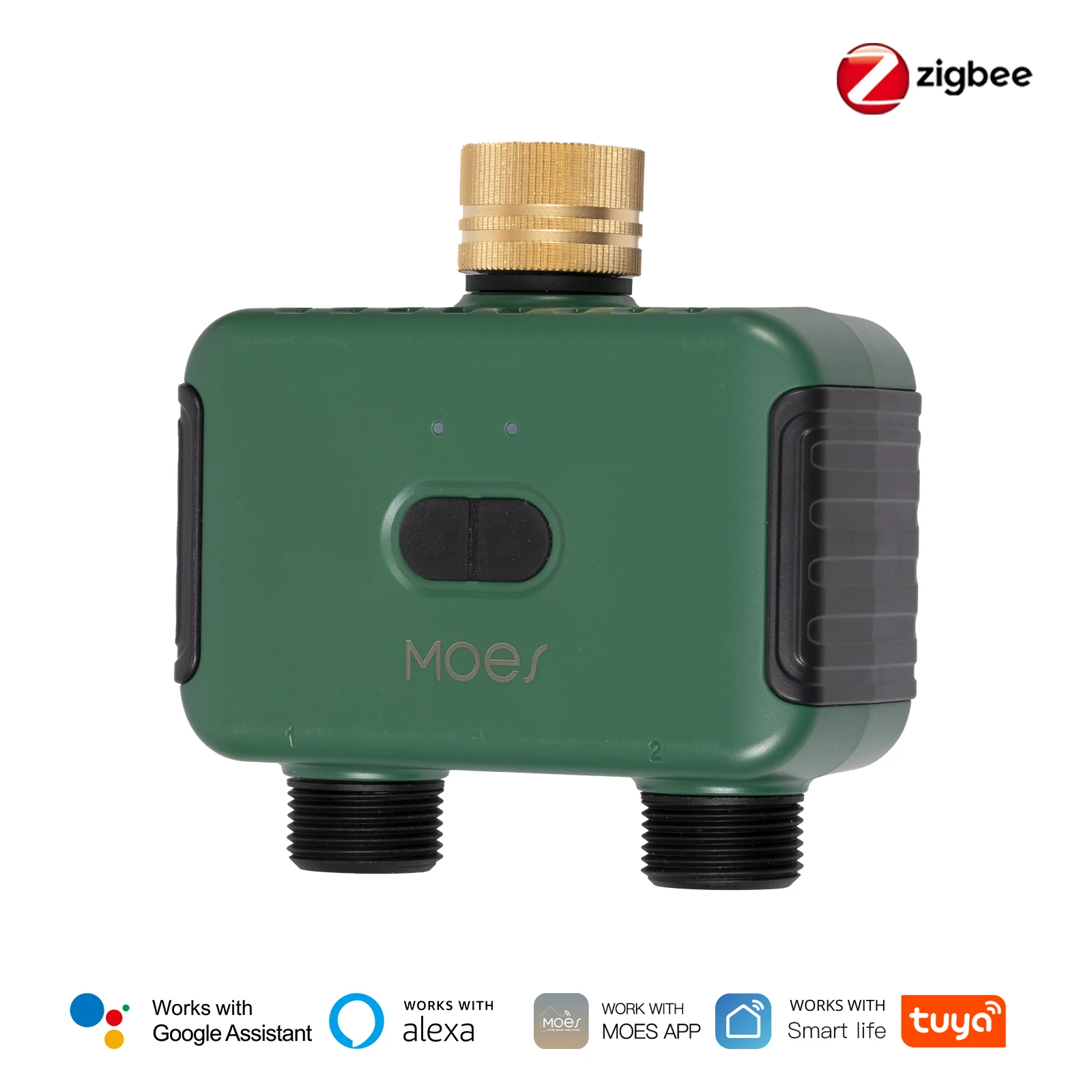 MOES ZigBee 2-uitgang slimme watertimer, messing inlaat, programmeerbare irrigatie, Tuya compatibel met Alexa/Google Home ​