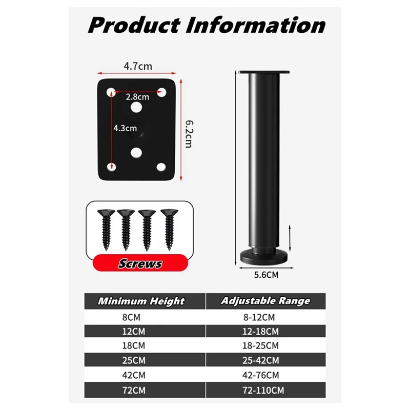 

ABFU-Adjustable Height Furniture Support Legs For Bed Frame For Bed/Sofa/Cabinet/Couch/Table Black