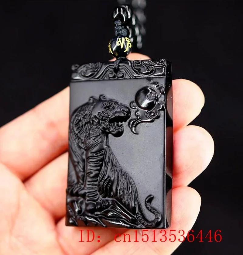 Natural Black Obsidian Tiger Pendant Chinese zodiac Necklace Fashion Charm Jewellery Carved Pixiu Amulet Gifts for Women Men