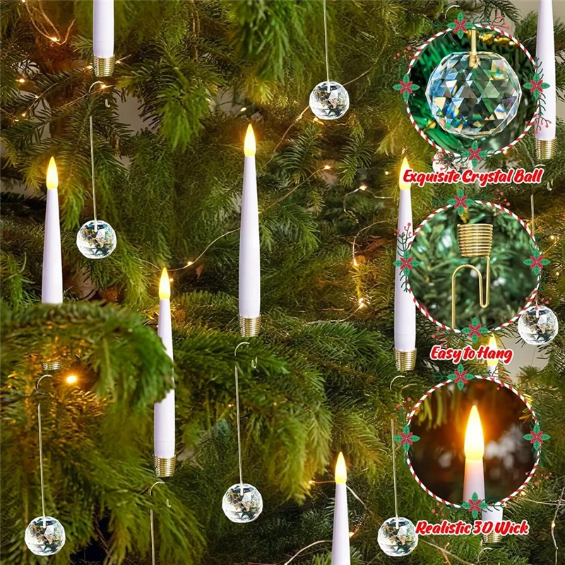ABMS-Lilin Pendek Meruncing 12 Buah LED Berkedip dengan Remote 0.5" X 6" Lilin Tanpa Api Cahaya Hangat dengan 12 Pengait Bola Kristal