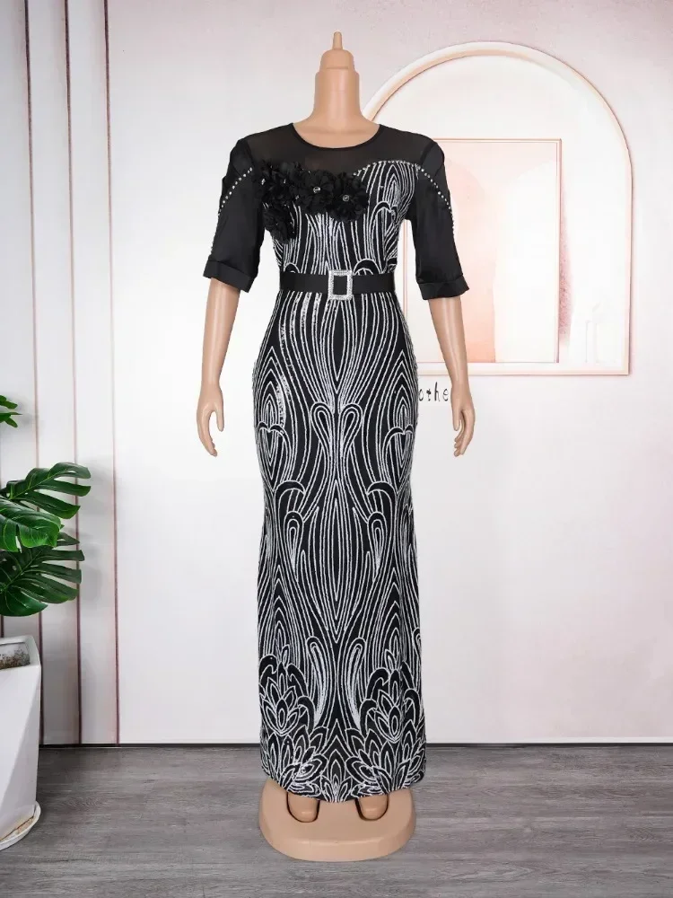 

2024 African Wedding Party Dresses for Women Elegant Short Sleeve O-neck Polyester Evening Maxi Dress Gowns African Clothes