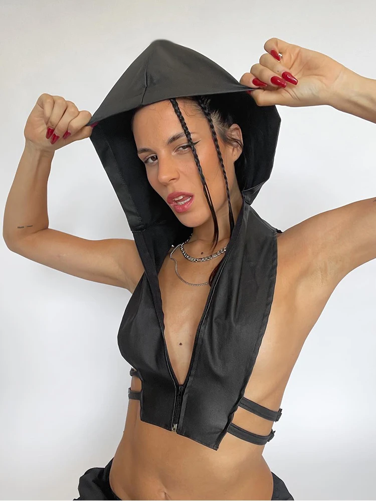 

Weird Puss PU Топы на бретелях с капюшоном Женские Y2K Боковой разрез Сексуальные хипстерские повязки на молнии Кожаные хипстерские уличные дикие базовые летние жилеты