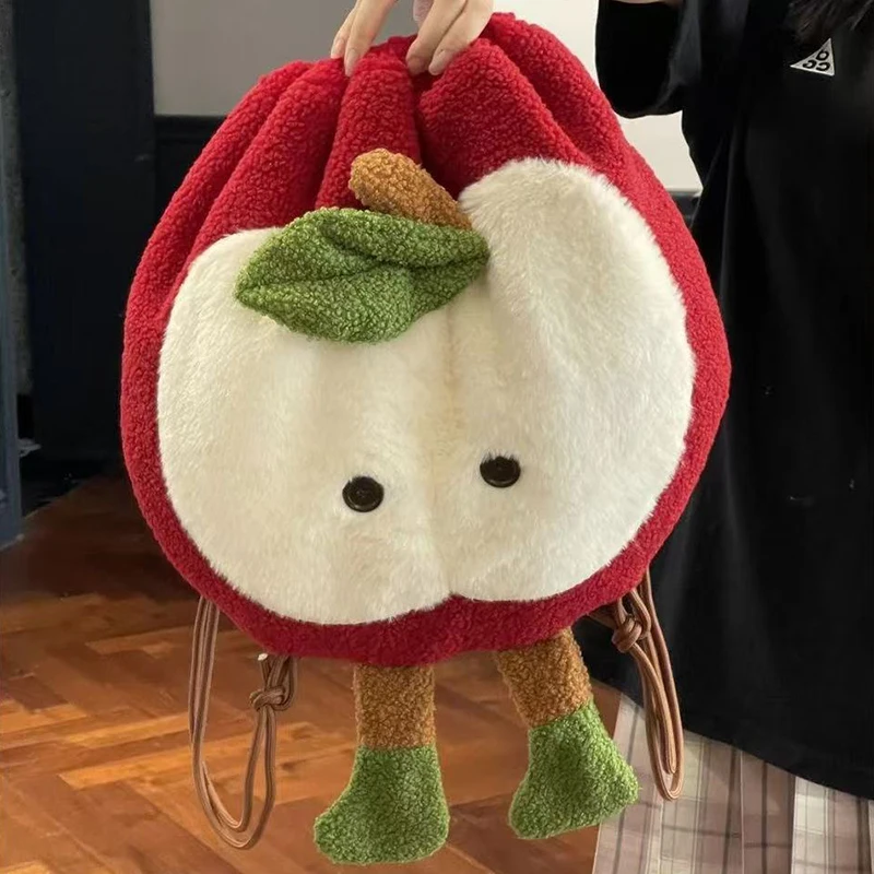 

1 шт., школьная сумка с пушистым яблоком, рюкзак большой емкости на шнурке, портативные сумки на плечо контрастного цвета для женщин