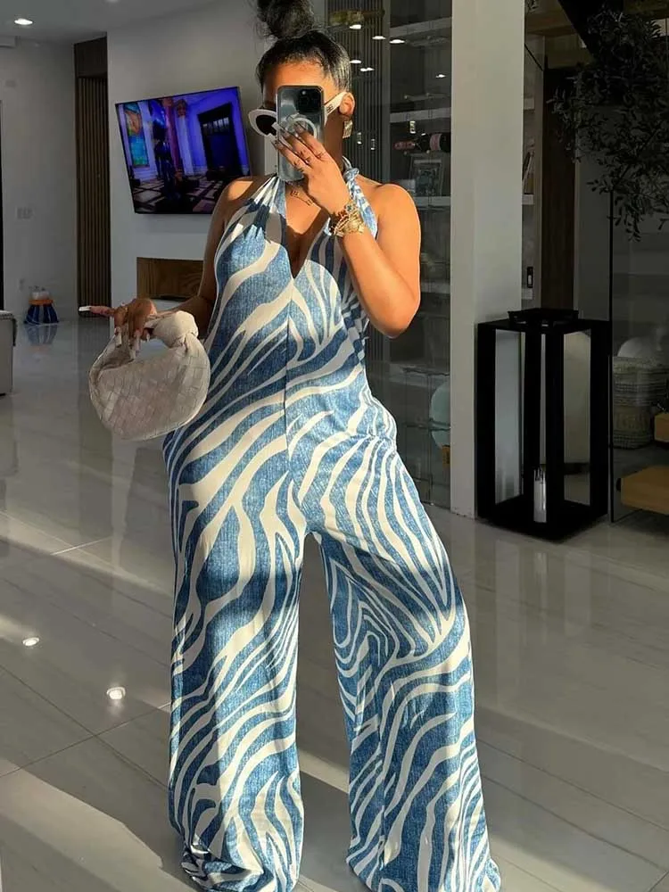 Summer Jumpsuits Ladies One Piece Outfit V Neck Sexy Backless Halter Jumpsuit Zebra Pattern Women Royal Blue Jumpsuit Elegant