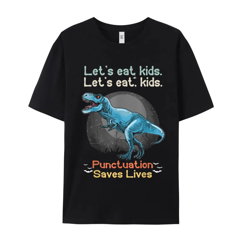 Lets eat kids Grammar Dinosaur Funny T-shirts Grandpa 100% Cotton Fabric Autumn Tees Tee Shirts Short Sleeve Latest Round Collar