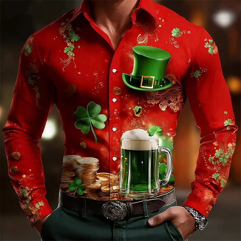 

Новая мужская рубашка с длинными рукавами и золотым 3D-принтом бокалов для вина, модный и роскошный топ-рубашка с длинными рукавами