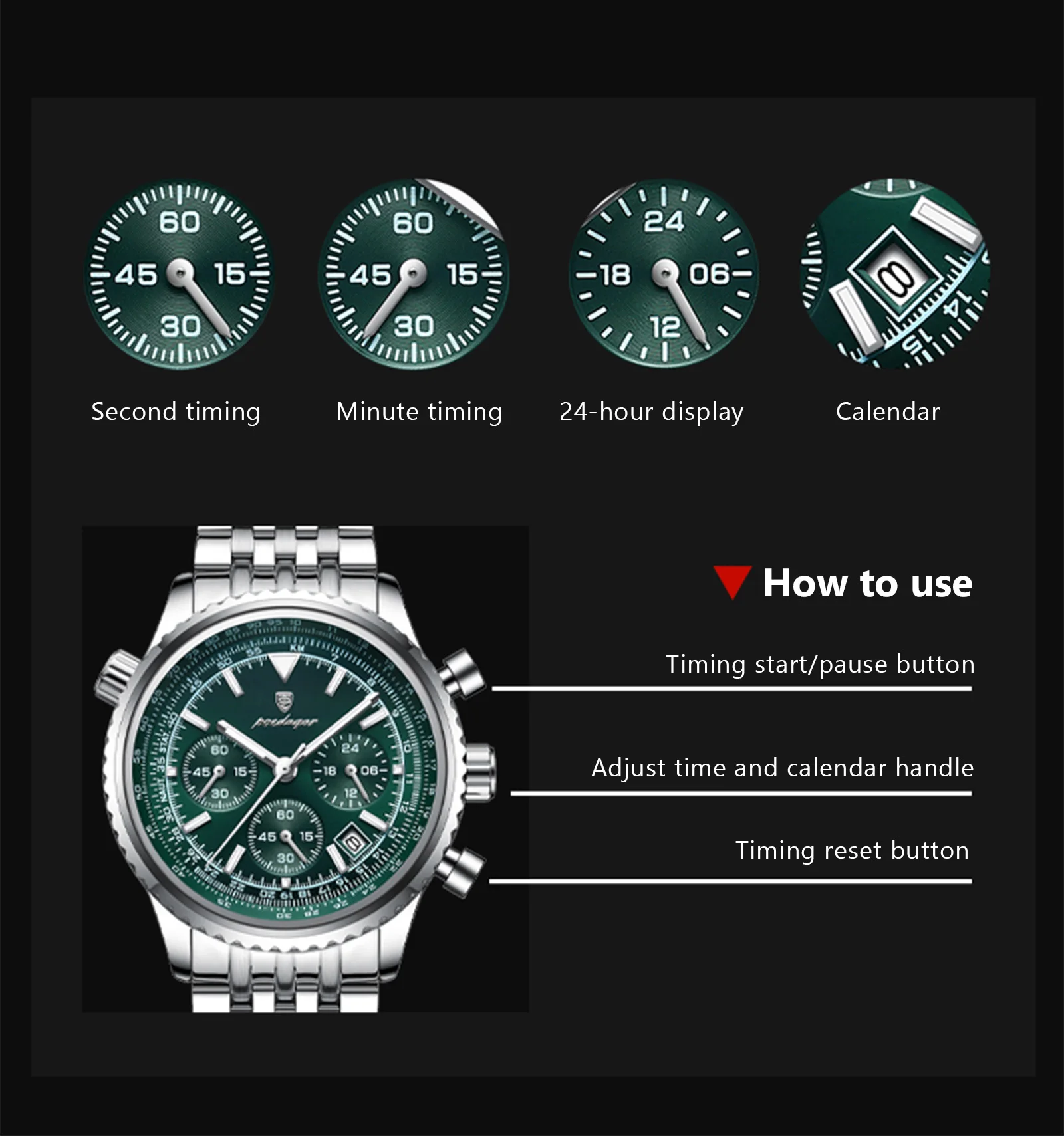 POEDAGAR Luxusuhren für Herren, Datum, Chronograph, Edelstahl, Sport-Herrenuhr, wasserdicht, leuchtender Quarz, Militär-Herrenuhr – Detail 8