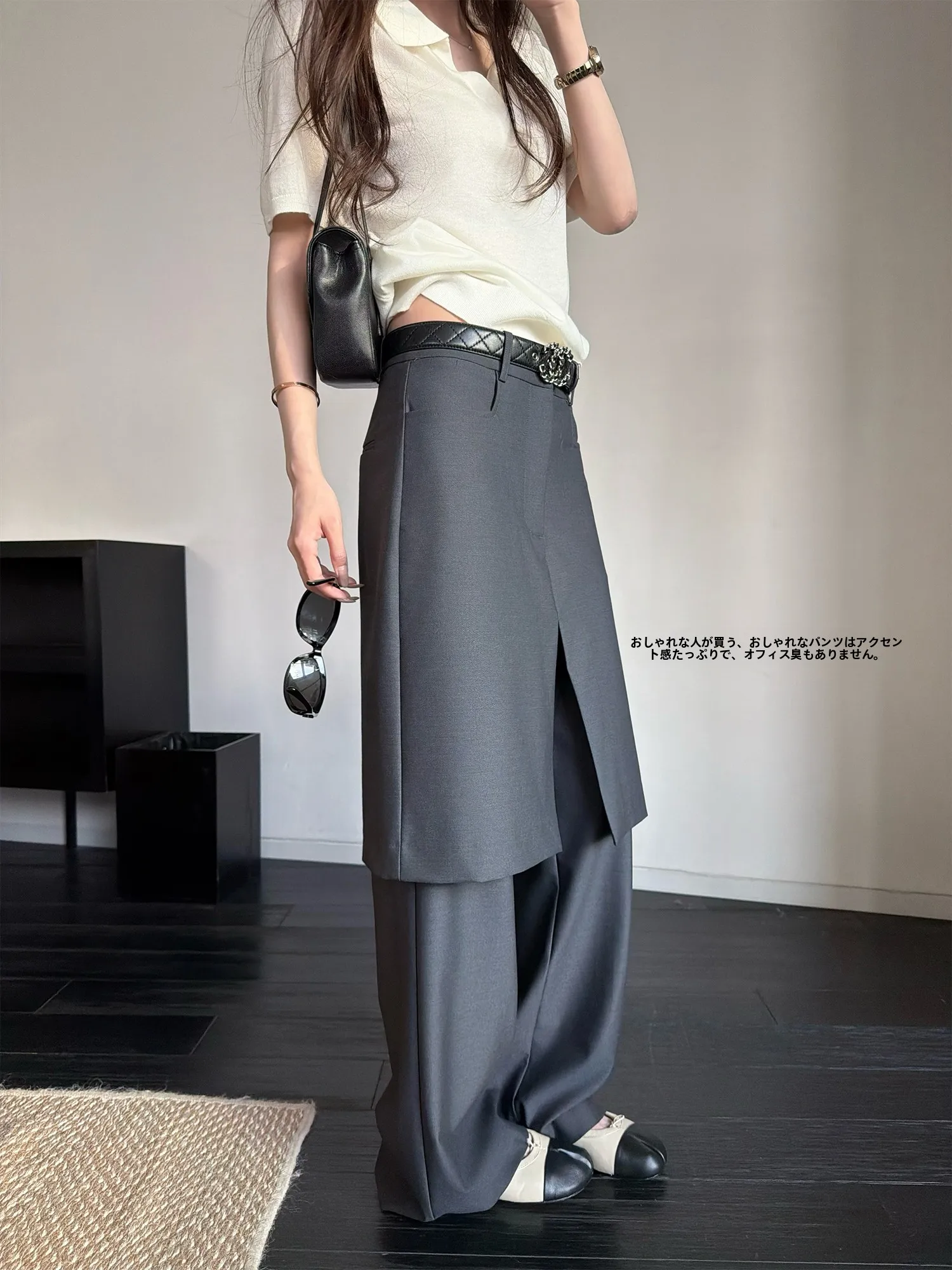

Superniniyy Artistic Heavy-Work Style Fashionable High-Waisted Wide-Leg Pants Fake Two-Piece Suit Casual Comfortable Breathable