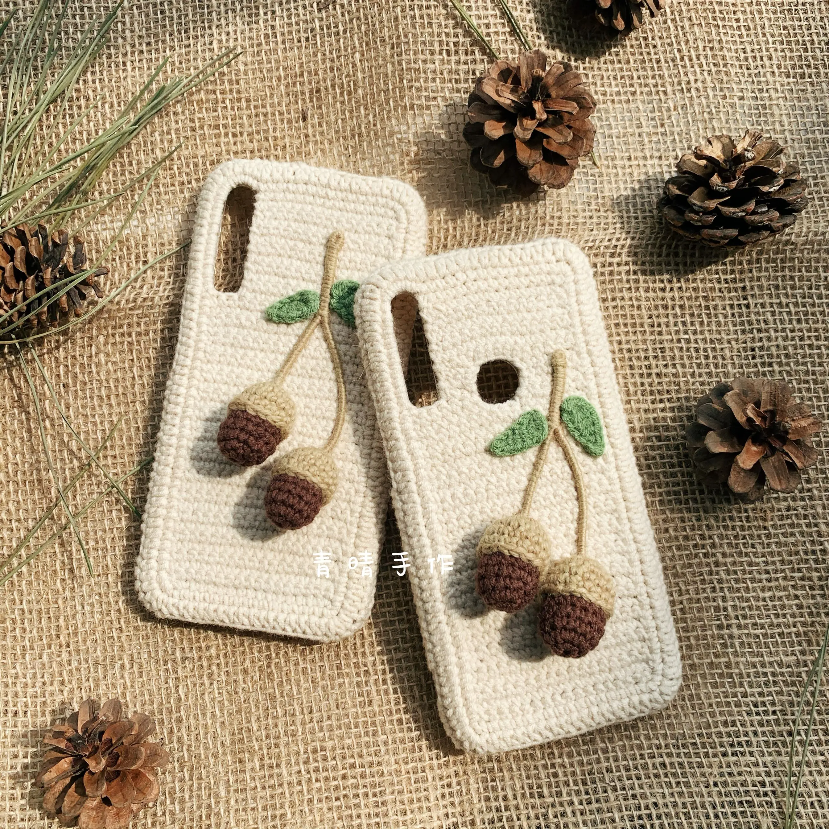 4028 Handmade Crochet Phone Case Plush Hazelnut Acorn Design Yarn Knitted Protective Shell Full Wrap Anti Drop Shockproof Cover