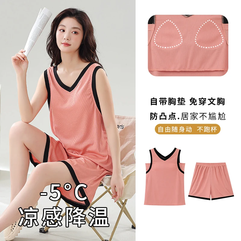

Summer women pajamas set with chest pad women modal vest sleepwear