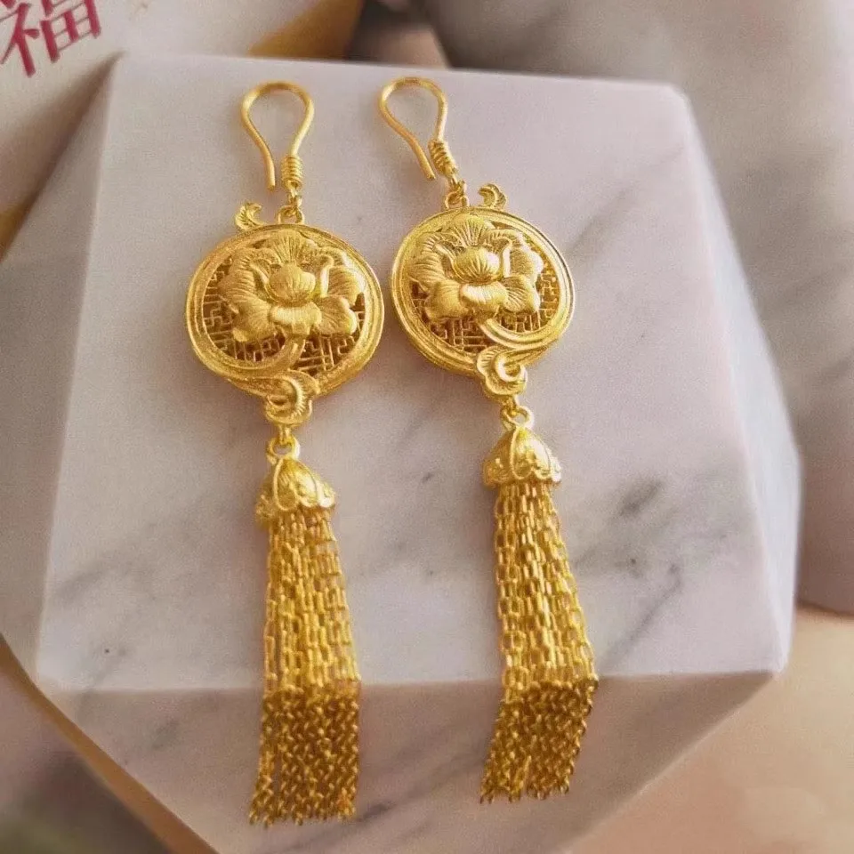 

Luxury Yellow Gold Color Hollow Carving Flower Tassels Dangle Drop Earrings for Women Wedding Jewelry Accessories Gifts