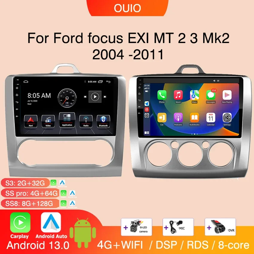 8GB+128GB Android 13 radio For Ford focus EXI MT 2 3 Mk2 2004 -2011 Car stereo Multimedia Player Carplay Auto GPS Navigation