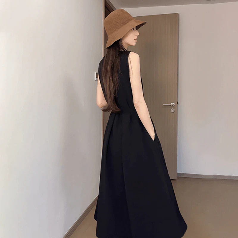 French Solid Color Women Dress Simple Basic Sleeveless Female Elegant Dresses