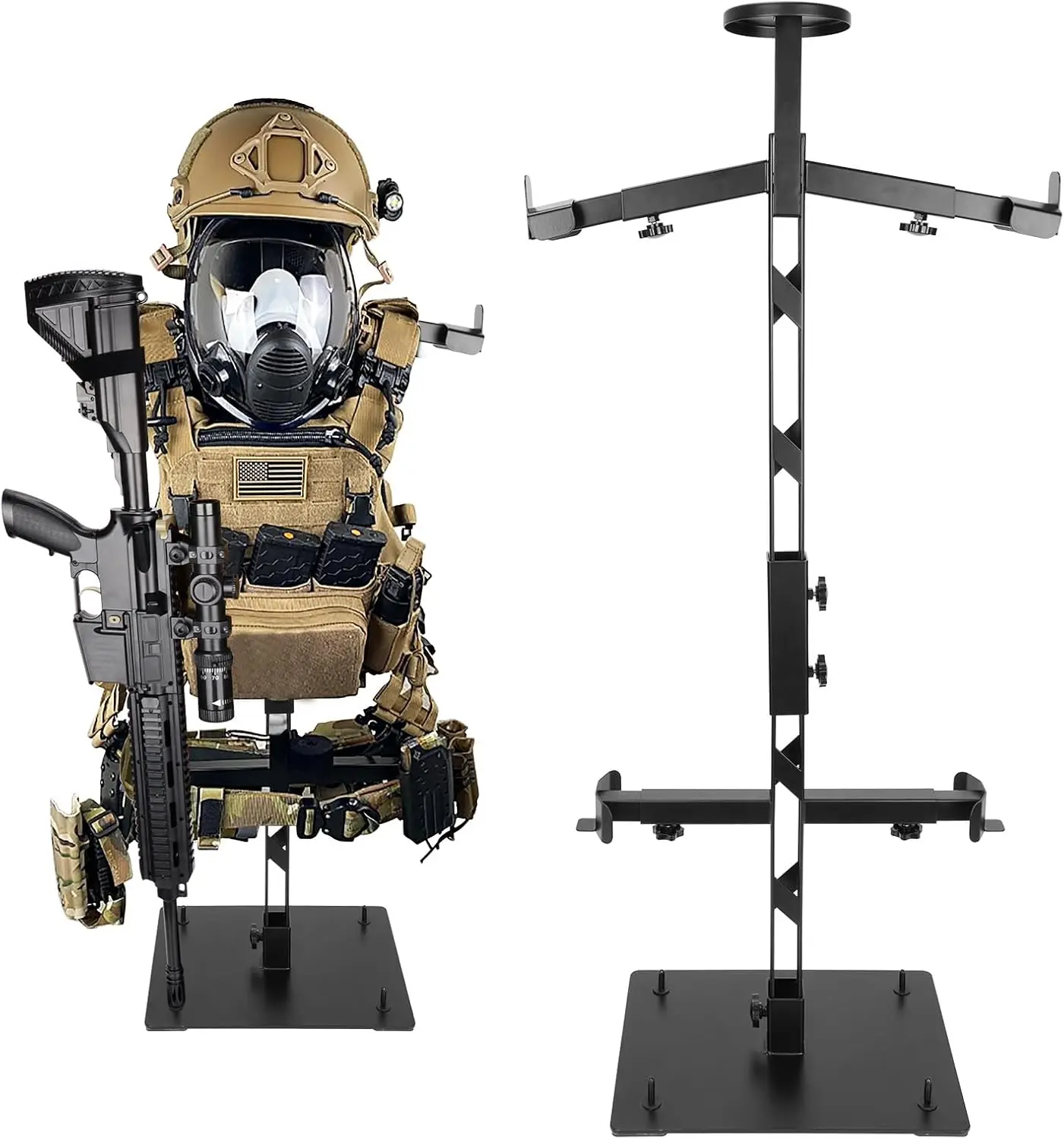 

Heavy Duty Steel Tactical Gear Stand - Holds 100 lbs, Adjustable for Helmets Vests Belts, Free-Standing Organizer