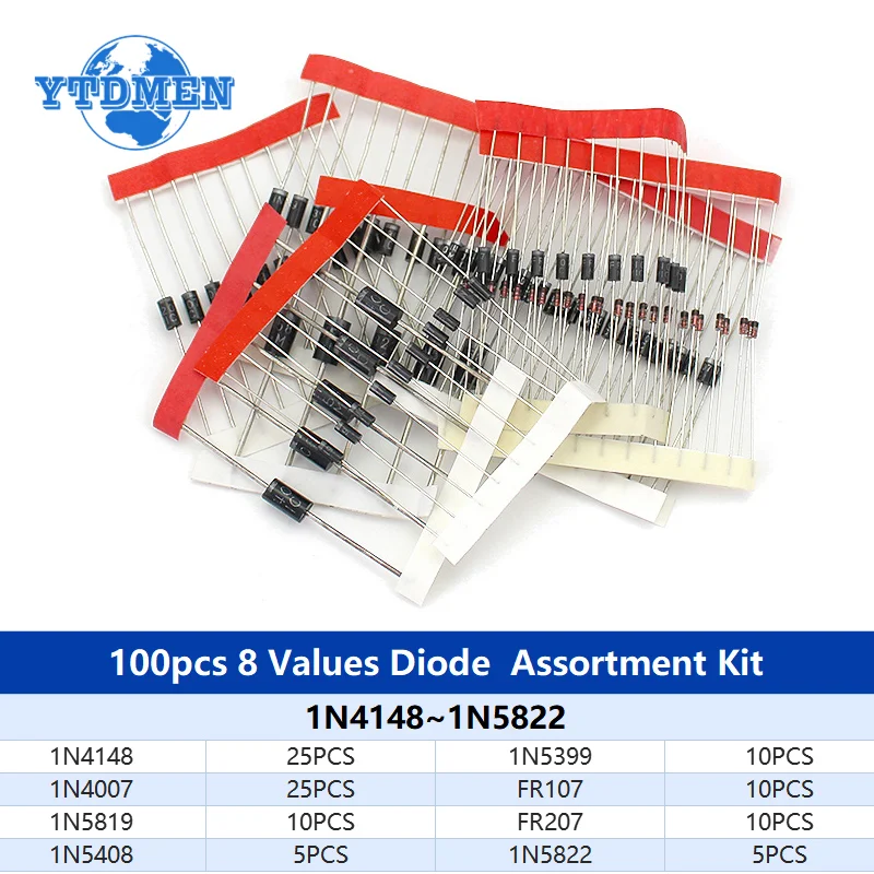 100PCS 8 Value Rectifier Diode Kit 1N4007 1N4148 1N5819 1N5399 1N5408 1N5822 FR107 FR207 Fast Switching Diodes