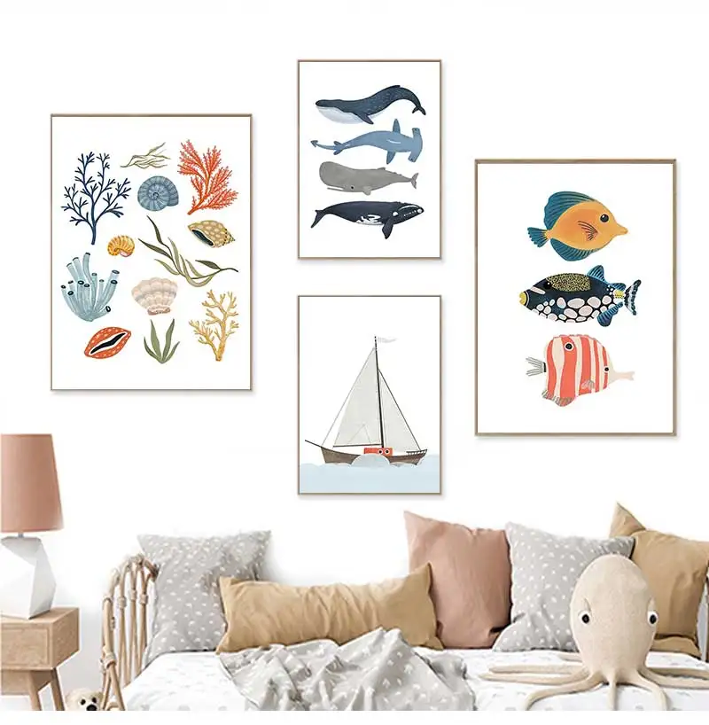 1pcs(No frame) 1pc frameless Canvas Painting Sailboat Lighthouse Whale Seagull Shell Diver Posters Prints Canvas Painting Nordic