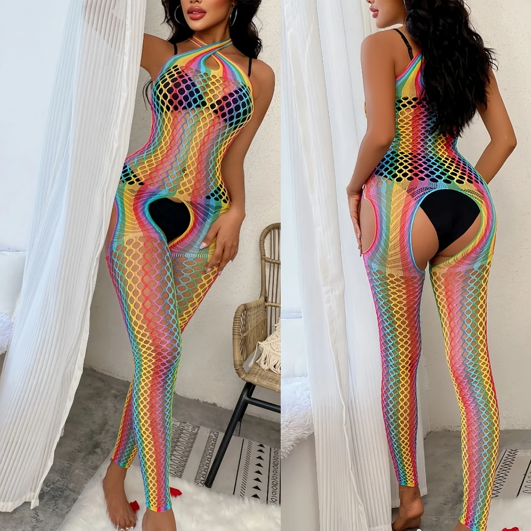 

Rainbow Sexy Fishnet Body Stockings Lingerie open crotch Underwear Suspender for Women Bodysuit mesh tights Erotic appeal