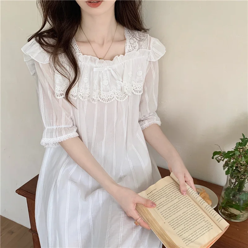 Summer Nightgown Women Chiffon Short Sleeve Lace Mesh Nightdress Palace Princess Sweet Sleepdress Cute Spring Homewear Nightwear