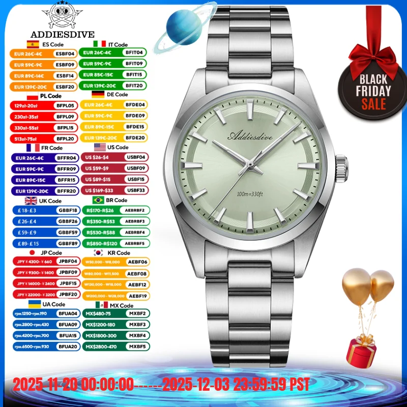 ADDIESDIVE 36 ミリメートル AD2066 メンズ腕時計 BGW9 Luminou バブルミラーガラス 316L ステンレス鋼リロイ Hombre 100 メートル防水クォーツ時計