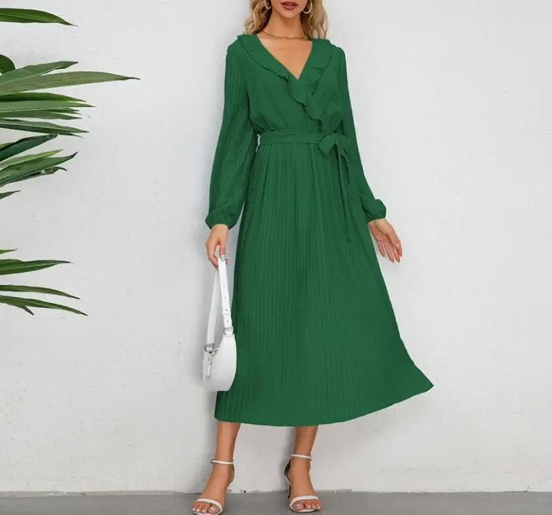 

Casual Women's Dress Temperament V-Neck Solid Color Long Sleeved High Waisted Drawstring Tied Slim Pleated Skirt Long Midi Dress