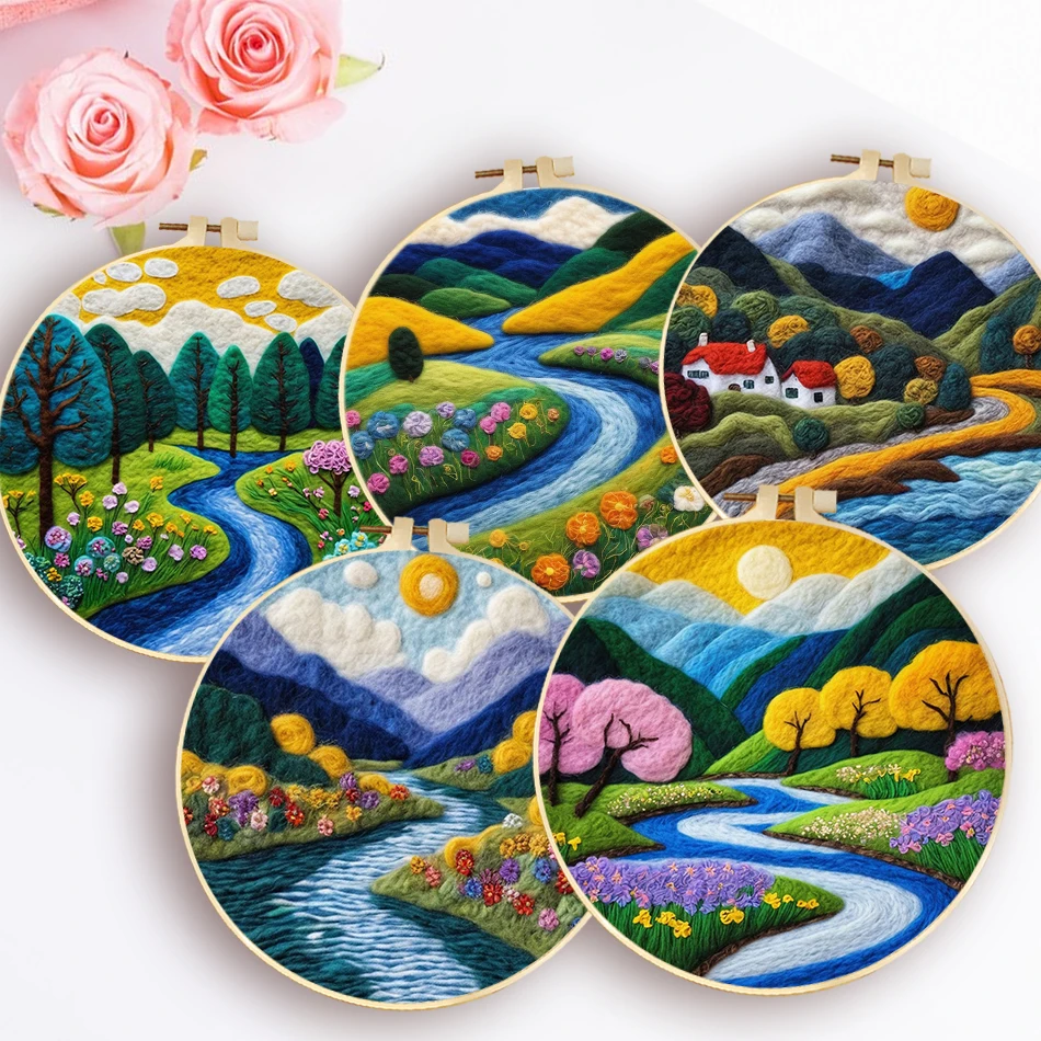 

GATYZTORY DIY Wool Felting Painting With Embroidery River Landscape Needle Wool Painting Picture For Home Decors Diy Crafts