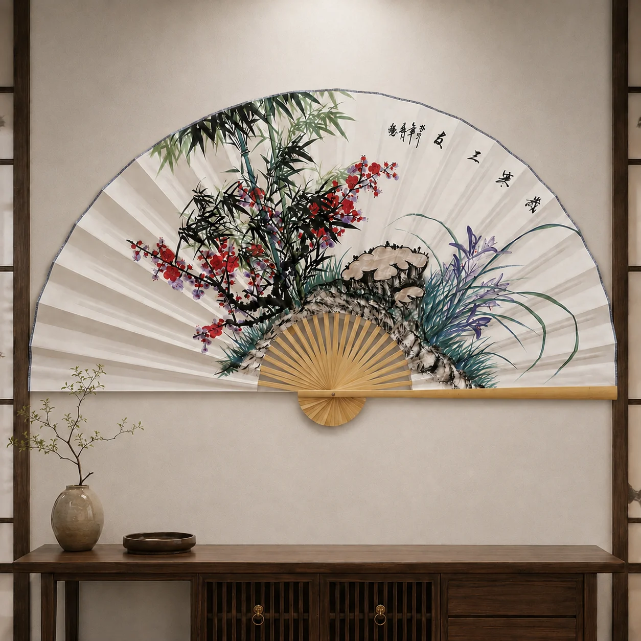 Oversized Wall Hanging Fan, Natural Bamboo Frame, Xuan Paper & Silk‑like Satin, Chinese Ink Bamboo Decor Fan for Living Room Tea