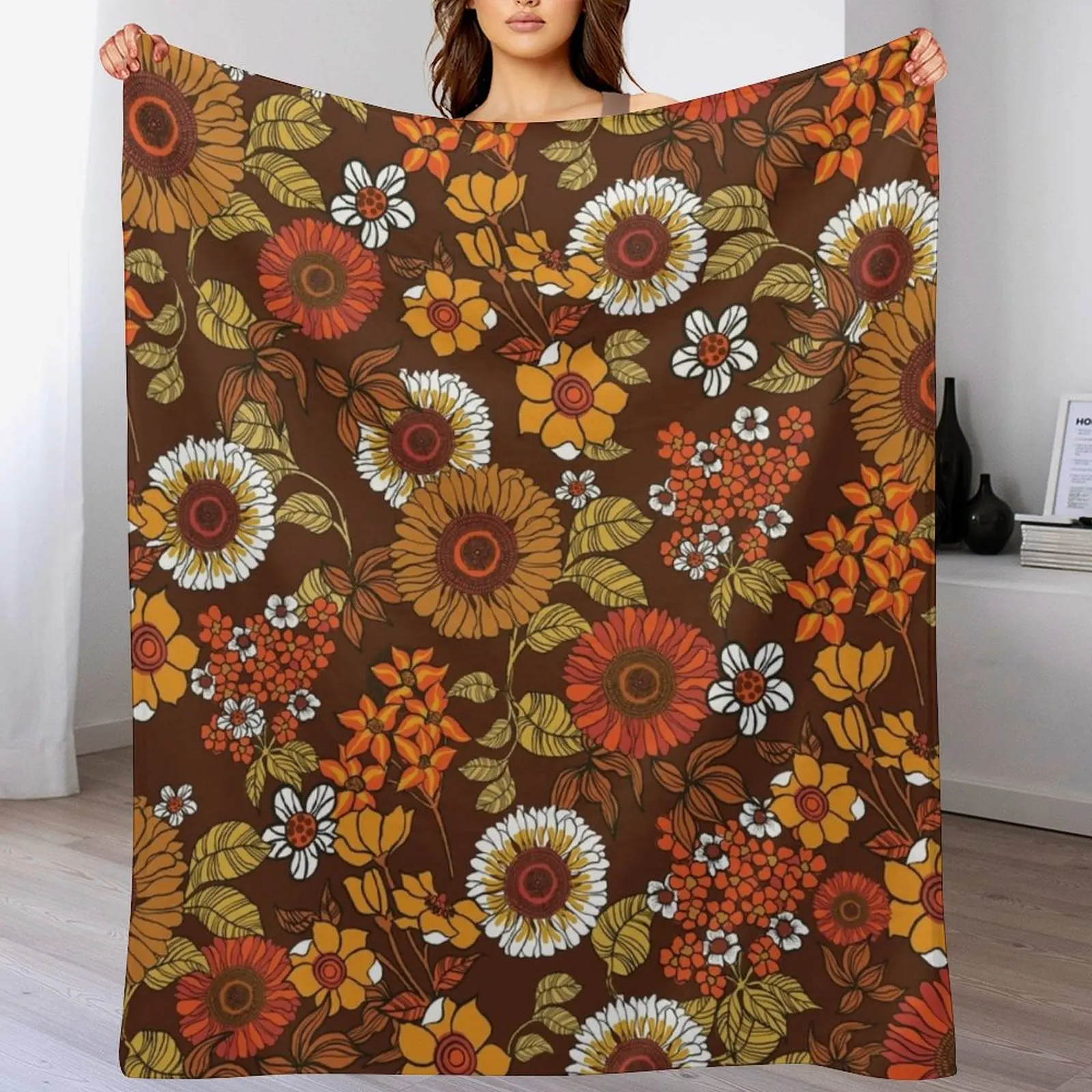 70s vintage boho flowers, orange, browns, hippie, flower power Throw Blanket Shaggy Travel Single Blankets