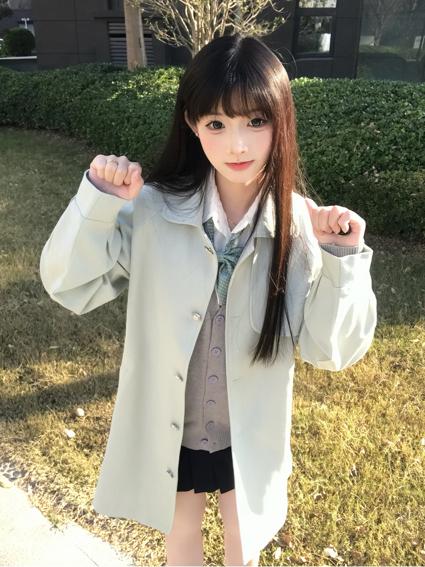 

Mint Green Mid-Length Jacket Coat Loose Fit Polyester Blend Spring Autumn College Style Top Women's Fashion Online Exclusive